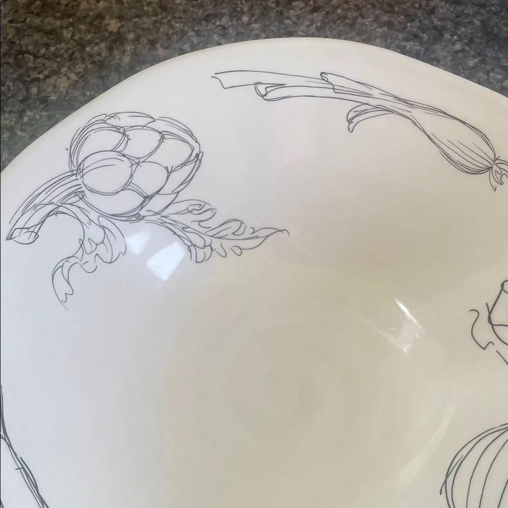 Source Unknown White Ceramic Serving Bowl with Vegetable Sketches